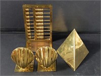 Group of brass bookends & abacus