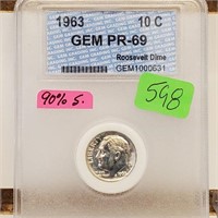 GEM 1963 PR69 90% Silver Roos Dime 10 Cents
