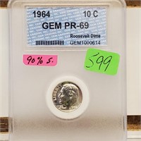 GEM 1964 PR69 90% Silver Roos Dime 10 Cents