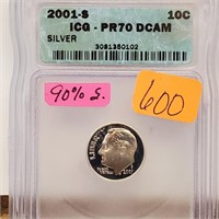 ICG 2001-S PR70 DCAM 90% Silver Roos Dime 10