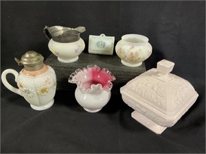 Fenton Ruffle Vase, Milk Glass & Porcelain Decor