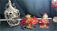 Gold glitter bird cage, Santa candle holder,