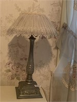 METAL BASE LAMP WITH LACE SHADE, DOES HAVE BROKEN