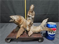 Antique Asian Bronze Scholar Riding Koi Lamp