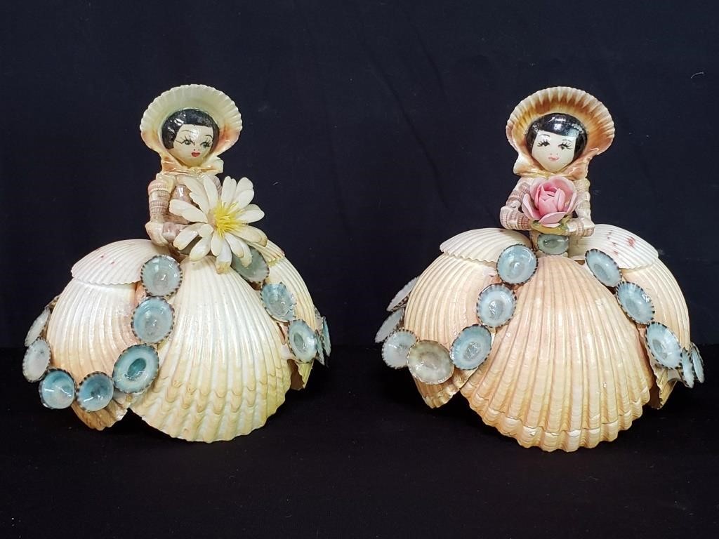 Pair of real seashell Crinoline Lady Dolls,