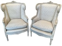 Two French Louis XVI Style Ornate Wing Back Chairs