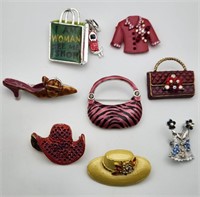 8 Brooches, Red Hat, Etc