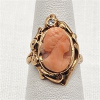 14K Gold Ring Coral Cameo + Diamond