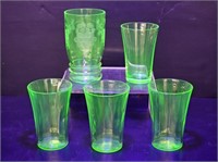 5 URANIUM GLASS JUICE GLASSES - 3 1/8" - 3 3/4"