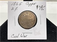1865 Copper 2 Cent Coin Civil War