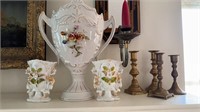 Three antique porcelain flower vases, including a