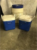 2 coolers and barrel