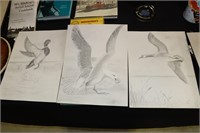 3 Etchings by W Gloria Walters of Goose, Seagull