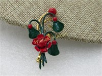 Vintage Enameled Christmas Rose Brooch, Green Leav