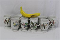 10 Vintage Footed "Song Birds" Porcelain Mugs