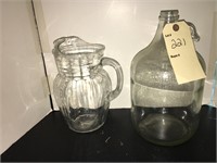 VINTAGE GLASS PITCHER AND ONE GALLON JUG