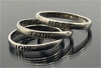 Sterling silver "love, hope, faith" stacked rings