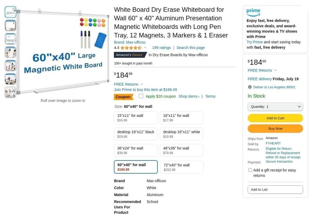 W8591  Dry Erase Whiteboard 60 x 40  Accessorie