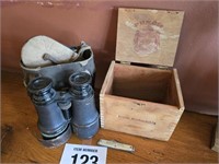 Vintage binoculars, pocket knife & box