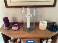 Group of candles/holders & hurricane glass shade