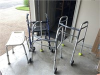 Rollator, 2 walkers and a shower chair