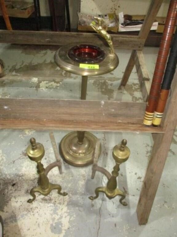 Brass standing ash tray and dog irons