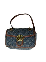 Blue Denim GG Brown Leather Accents Half-Flap Bag