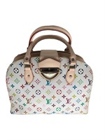 White Leather Multi-Colored Monogram Bowling Bag