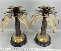 (2) heavy solid brass palm tree candlestick