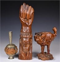 2 Wood Carved Ornaments & Metal Mounted Gourd Vase