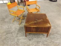 MCM TABLE with DRAWER, 2 WOODEN CANVAS BACK CHAIRS