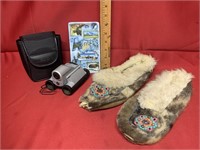 Alaskan slippers, collector dish, binoculars