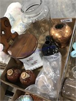 Glassware, crock pieces, copper lamp base