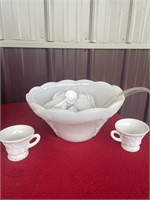 Milk glass large grape design punch bowl and cups