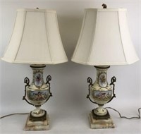 Hand Painted Porcelain Lamps with Onyx Bases