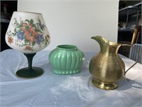 Brass Pitcher With Satin Glass Compote with Vtg
