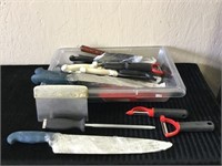 Tray of Misc Knives, Peelers, Knife Sharpeners