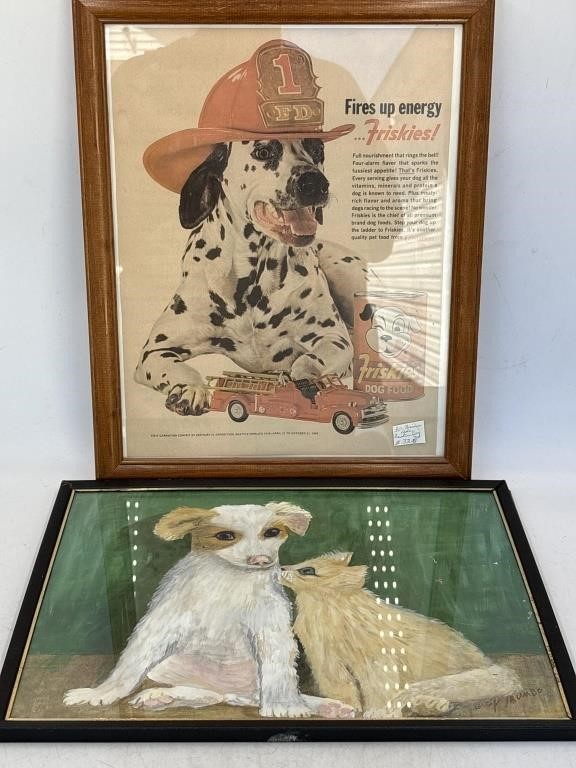 Framed Friskies’s fire dog ad, and cat and dog