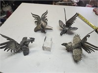 4 silver toned fighting cocks, game cocks with