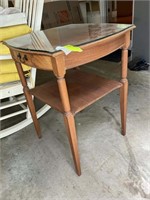 WOODEN SIDE TABLE WITH SINGLE DRAWER, LEATHER INLA