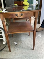 WOODEN SIDE TABLE WITH SINGLE DRAWER, LEATHER INLA