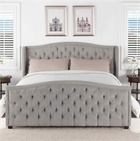 Tufted Wingback King Bed, Silver Grey