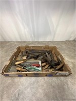 Assortment of sharpening stones, chisels, files,