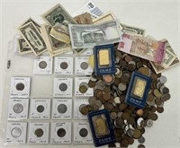 LOT OF COINS & CURRENCY w/ PAMP BARS