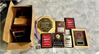 Box of Old Award Plaques, Ribbons & Medals