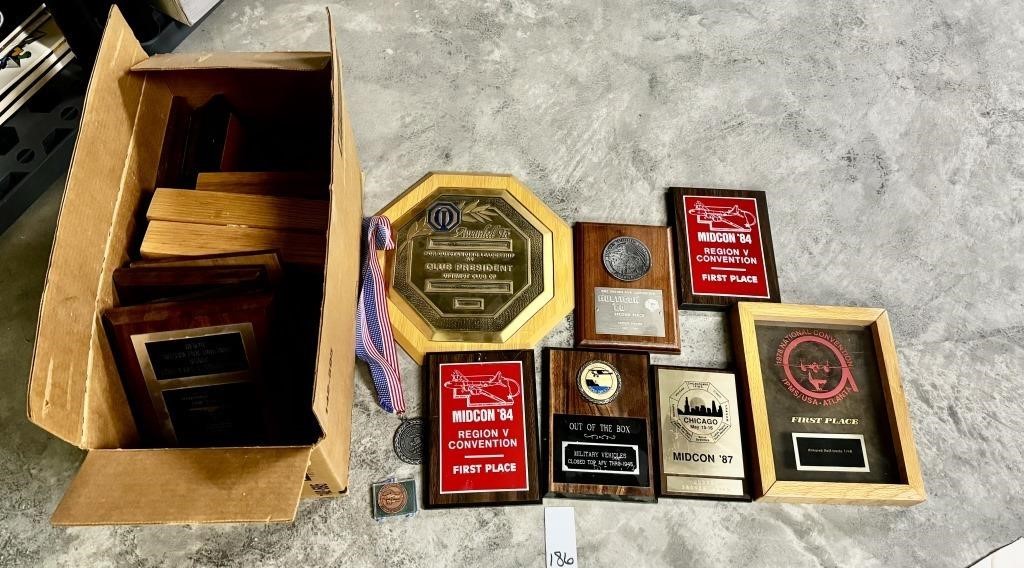Box of Old Award Plaques, Ribbons & Medals