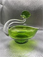 Green art glass swan bowl