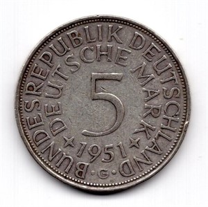 1951 G Germany 5 Mark Silver Coin