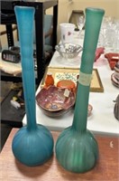 Two Frosted Long Neck Flower Bud Vases