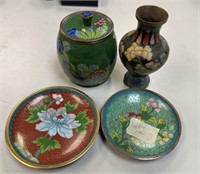 Chinese Cloisonne Jar, Vase and Coasters